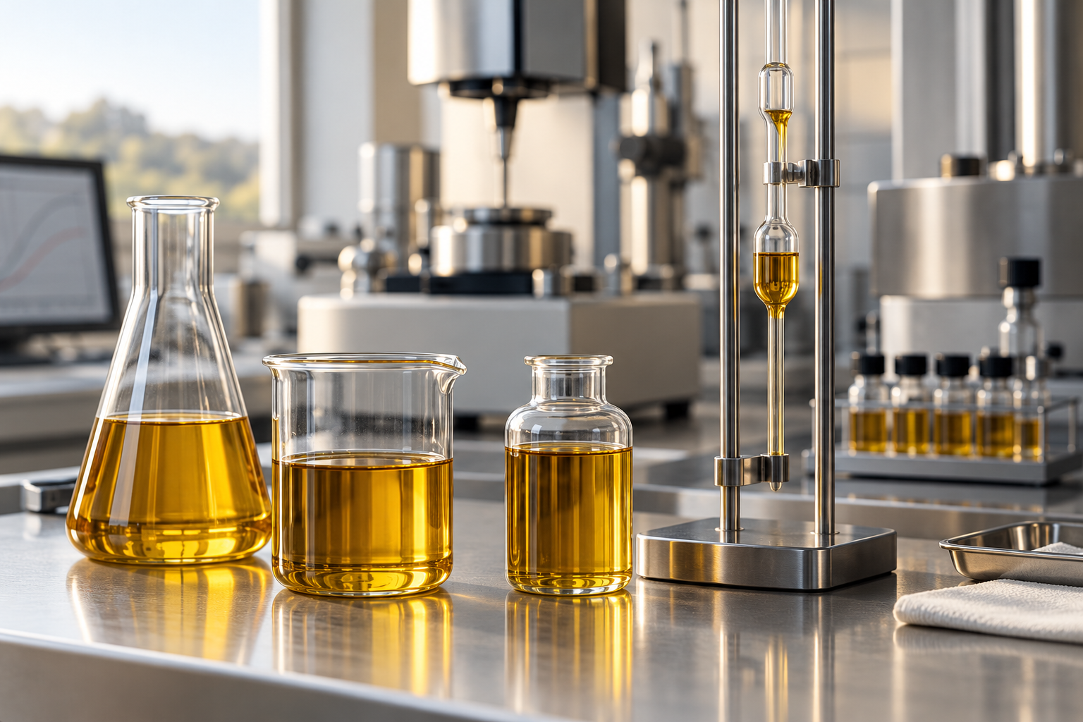 Illustrative lubricant testing equipment and golden oil samples